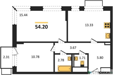 Планировка двухкомнатной(квартира) площадью 54.2 квадратных метров в ЖК “ЖК Квартал Марьино”