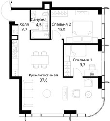Планировка двухкомнатной(квартира) площадью 68.5 квадратных метров в ЖК “ЖК Сити Бэй”