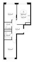 Планировка двухкомнатной(квартира) площадью 58.9 квадратных метров в “ЖК Переделкино Ближнее”