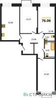 Планировка трехкомнатной(квартира) площадью 76.06 квадратных метров в “ЖК Квартал Строгино”