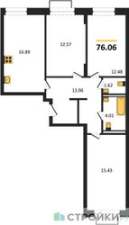 Планировка трехкомнатной(квартира) площадью 76.06 квадратных метров в ЖК “ЖК Квартал Строгино”