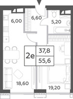 Планировка двухкомнатной(квартира) площадью 55.6 квадратных метров в “ЖК Will Towers (Вилл Тауэрс)”