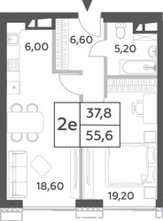 Планировка двухкомнатной(квартира) площадью 55.6 квадратных метров в ЖК “ЖК Will Towers (Вилл Тауэрс)”