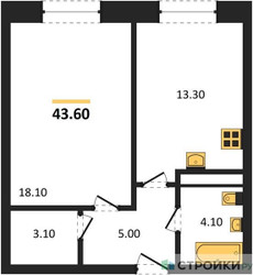 Планировка однокомнатной(квартира) площадью 43.6 квадратных метров в ЖК “ЖК Пушкино Град”