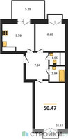 Планировка двухкомнатной(квартира) площадью 50.47 квадратных метров в “ЖК ВОСТОК II”