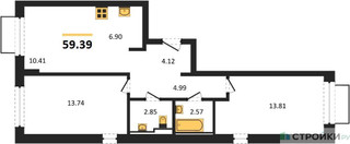Планировка двухкомнатной(квартира) площадью 59.39 квадратных метров в “ЖК Квартал Марьино”