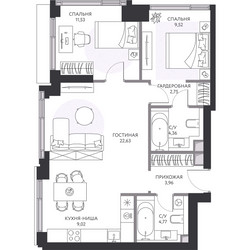 Планировка трехкомнатной(квартира) площадью 69.1 квадратных метров в ЖК “ЖК Hide (Хайд)”