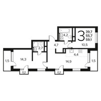 Планировка трехкомнатной(квартира) площадью 59.1 квадратных метров в “Новые Ватутинки. Заречный”