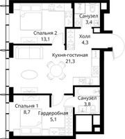Планировка двухкомнатной(квартира) площадью 59.7 квадратных метров в “ЖК Сити Бэй”