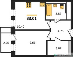 Планировка однокомнатной(квартира) площадью 33.01 квадратных метров в “ЖК Пригород Лесное”