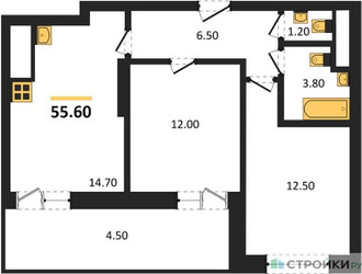 Планировка двухкомнатной(квартира) площадью 55.6 квадратных метров в ЖК “ЖК Рассказово”