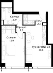 Планировка однокомнатной(квартира) площадью 51.5 квадратных метров в ЖК “ЖК Сити Бэй”