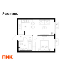 Планировка однокомнатной(квартира) площадью 36.1 квадратных метров в ЖК “ЖК Яуза Парк (Мытищи)”