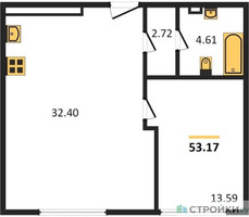 Планировка однокомнатной(апартаменты) площадью 52.8 квадратных метров в “ЖК CULT (Культ)”