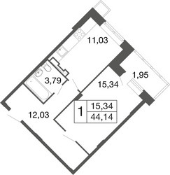 Планировка однокомнатной(квартира) площадью 44.1 квадратных метров в ЖК “ЖК Времена года”