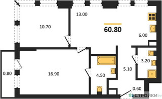Планировка двухкомнатной(квартира) площадью 60.8 квадратных метров в “Акценты”