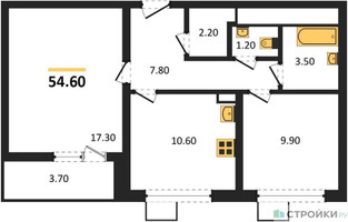 Планировка двухкомнатной(квартира) площадью 54.6 квадратных метров в “ЖК 1-й Донской (Первый Донской)”