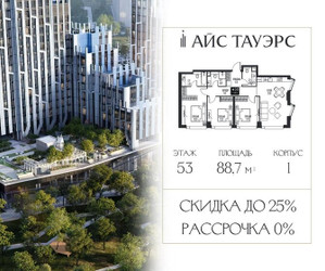 Планировка трехкомнатной(квартира) площадью 88.7 квадратных метров в ЖК “ЖК Айс Тауэрс”
