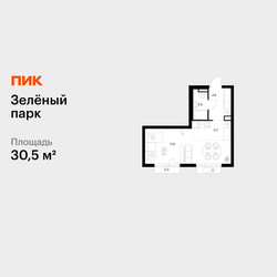 Планировка однокомнатной(квартира) площадью 30.5 квадратных метров в ЖК “ЖК Зеленый парк”