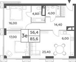 Планировка трехкомнатной(квартира) площадью 85.6 квадратных метров в “ЖК Will Towers (Вилл Тауэрс)”