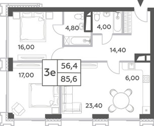 Планировка трехкомнатной(квартира) площадью 85.6 квадратных метров в ЖК “ЖК Will Towers (Вилл Тауэрс)”