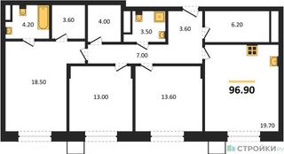 Планировка трехкомнатной(квартира) площадью 96.9 квадратных метров в “ЖК Резиденции Сколково”