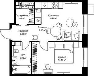 Планировка однокомнатной(квартира) площадью 42.5 квадратных метров в ЖК “Архитектурный проект Мыс”
