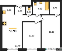 Планировка двухкомнатной(квартира) площадью 59.9 квадратных метров в “ЖК Новый Зеленоград”