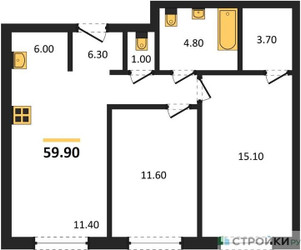 Планировка двухкомнатной(квартира) площадью 59.9 квадратных метров в ЖК “ЖК Новый Зеленоград”