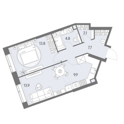 Планировка двухкомнатной(квартира) площадью 52.2 квадратных метров в ЖК “ЖК Родина Переделкино”