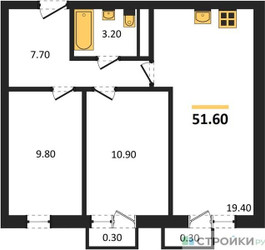 Планировка двухкомнатной(квартира) площадью 51.6 квадратных метров в ЖК “ЖК Южная Долина”