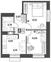 Планировка двухкомнатной(квартира) площадью 43.63 квадратных метров в “ЖК Публицист”