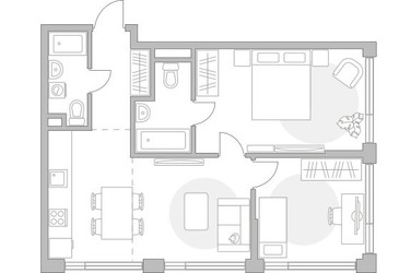 Планировка трехкомнатной(квартира) площадью 59.49 квадратных метров в ЖК “ЖК Мневники от Гранель”