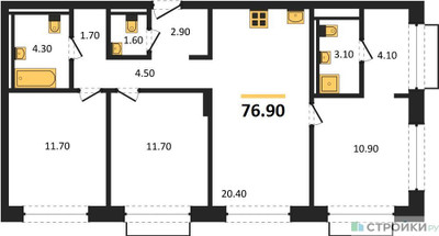 Планировка трехкомнатной(квартира) площадью 76.9 квадратных метров в ЖК “ЖК Равновесие”
