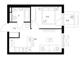 Планировка однокомнатной(квартира) площадью 33.1 квадратных метров в “ЖК Зеленый парк”