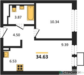 Планировка однокомнатной(квартира) площадью 34.63 квадратных метров в ЖК “ЖК Квартал Ивакино”