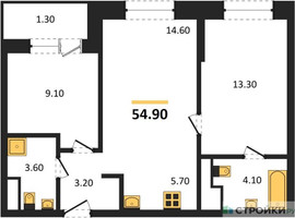 Планировка двухкомнатной(квартира) площадью 54.6 квадратных метров в “ЖК Пушкино Град”