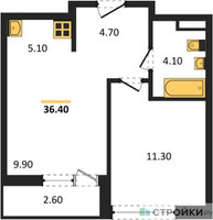 Планировка однокомнатной(квартира) площадью 36.4 квадратных метров в “ЖК Родные кварталы”