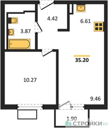 Планировка однокомнатной(квартира) площадью 35.2 квадратных метров в ЖК “ЖК Горки Парк”