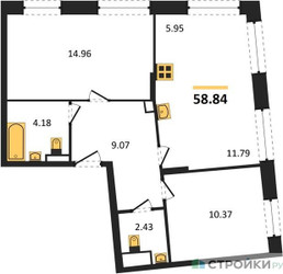 Планировка двухкомнатной(квартира) площадью 58.84 квадратных метров в ЖК “ЖК Движение. Говорово”