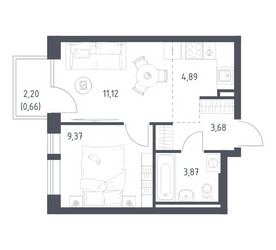 Планировка однокомнатной(квартира) площадью 33.59 квадратных метров в ЖК “ЖК Квартал Авиаторов”