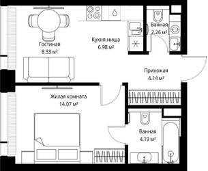 Планировка однокомнатной(квартира) площадью 39.97 квадратных метров в ЖК “ЖК Веер”