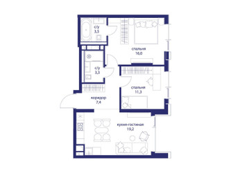 Планировка двухкомнатной(квартира) площадью 60.7 квадратных метров в ЖК “ЖК Событие”