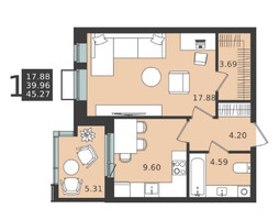 Планировка однокомнатной(квартира) площадью 42.61 квадратных метров в “ЖК Мишино-2”