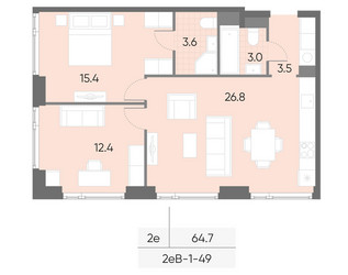 Планировка двухкомнатной(квартира) площадью 64.7 квадратных метров в ЖК “ЖК Вейв”
