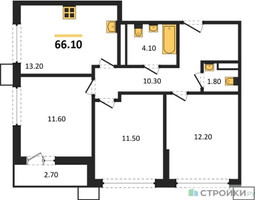 Планировка трехкомнатной(квартира) площадью 66.1 квадратных метров в “ЖК Родные кварталы”