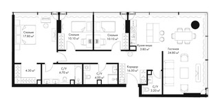 Планировка трехкомнатной(квартира) площадью 113 квадратных метров в “ЖК Слава”