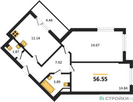 Планировка двухкомнатной(квартира) площадью 56.55 квадратных метров в “ЖК Светлый мир БиоПолис”