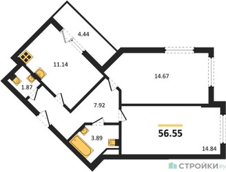 Планировка двухкомнатной(квартира) площадью 56.55 квадратных метров в ЖК “ЖК Светлый мир БиоПолис”