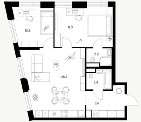 Планировка двухкомнатной(квартира) площадью 69 квадратных метров в ЖК “ЖК 2-й Иртышский”